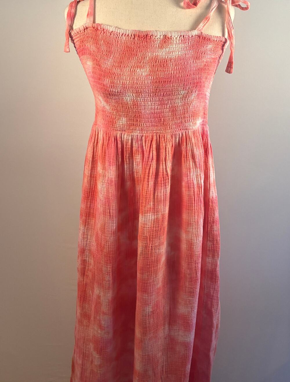 Faherty Dune Ella Organic Cotton Gauze Smocked Tie Dye Maxi Dress XL Pink Coral